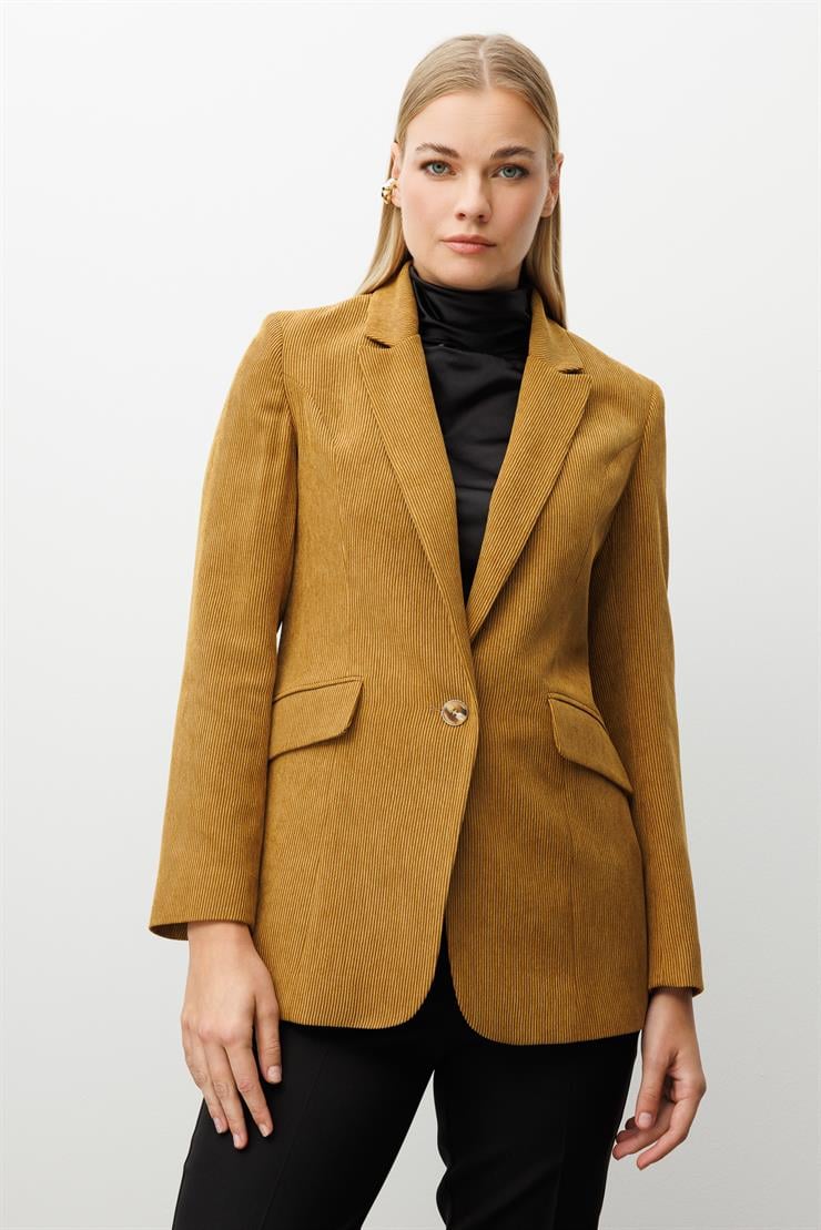 Modailgi  Fitilli Kadife Tek Düğme Klasik Ceket Hardal