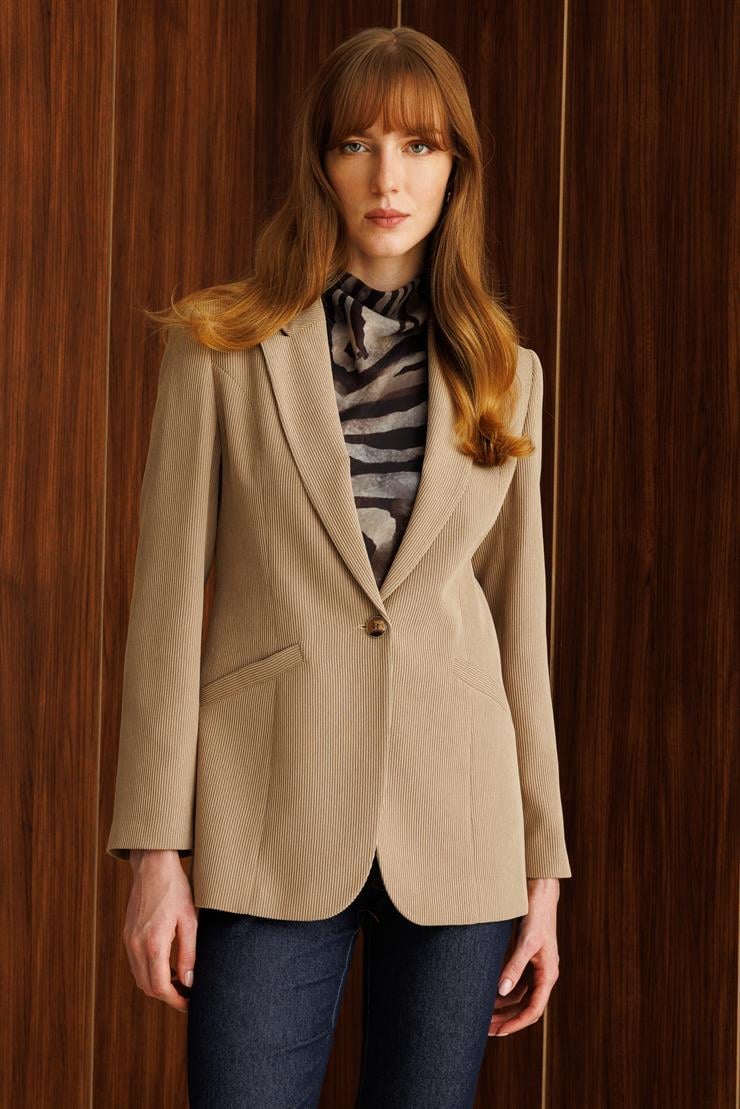 Modailgi  Fitilli Kadife Tek Düğme Klasik Ceket Vizon