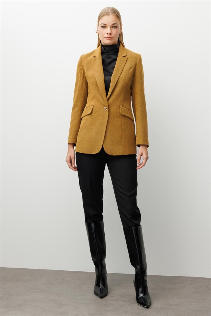 Modailgi  Fitilli Kadife Tek Düğme Klasik Ceket Hardal