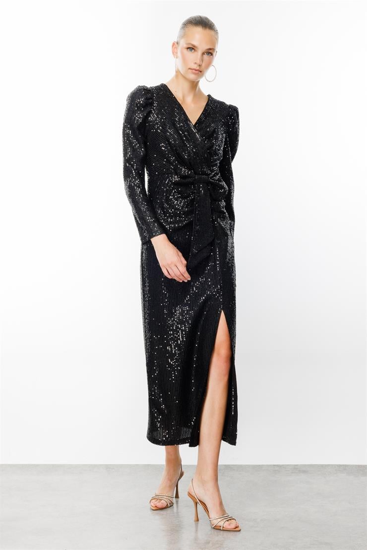Modailgi  Fiyonk Detaylı Payet Elbise Siyah