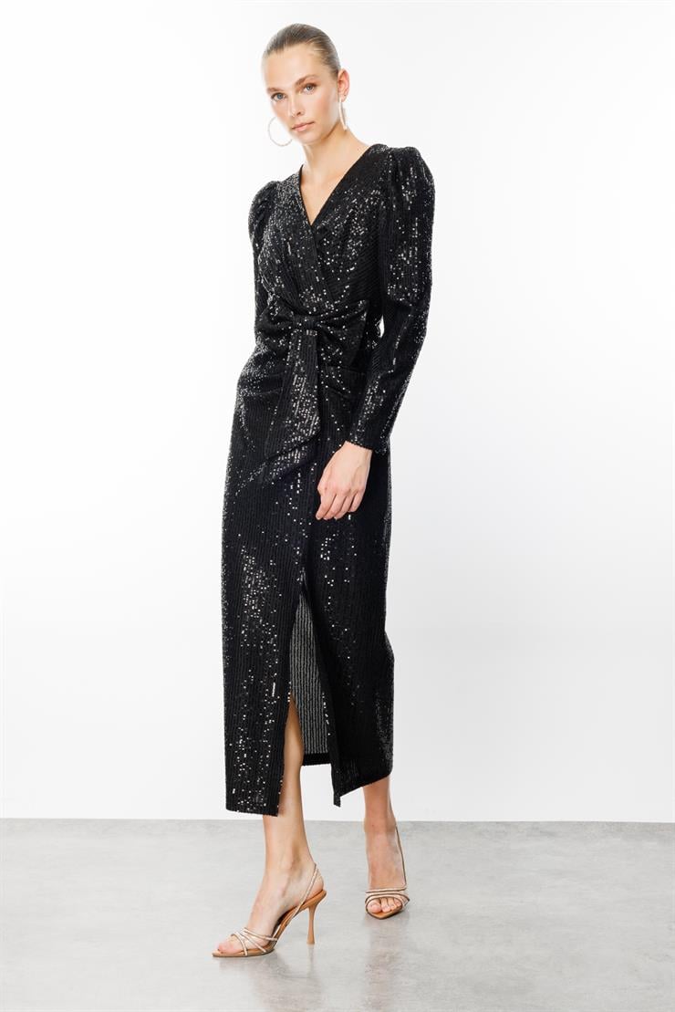 Modailgi  Fiyonk Detaylı Payet Elbise Siyah