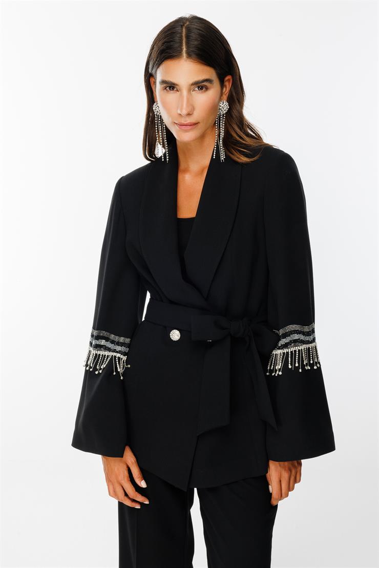Modailgi  Geniş Kollu Şerit Taşlı Ceket Siyah