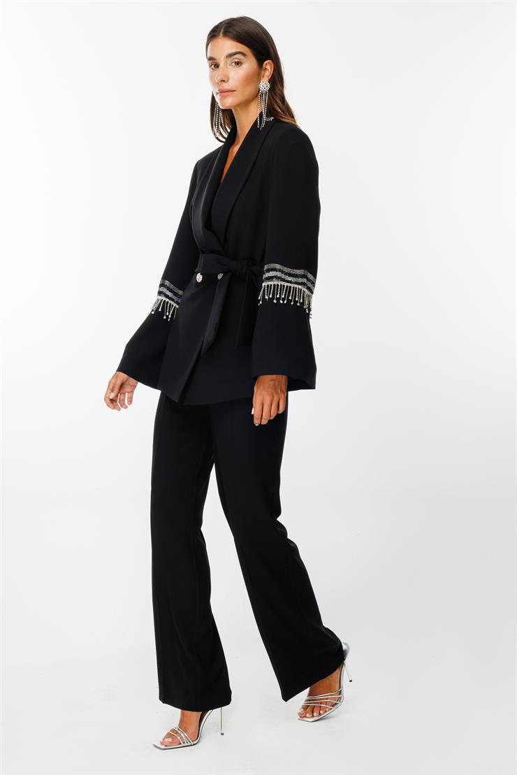 Modailgi  Geniş Kollu Şerit Taşlı Ceket Siyah