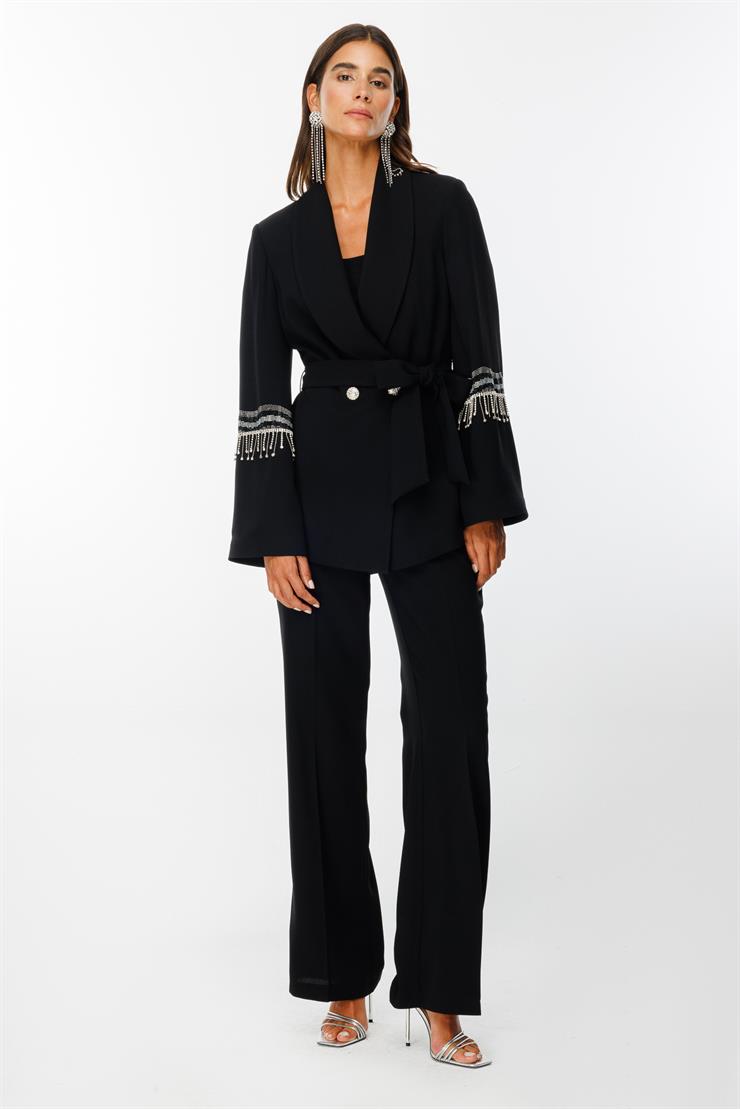 Modailgi  Geniş Kollu Şerit Taşlı Ceket Siyah