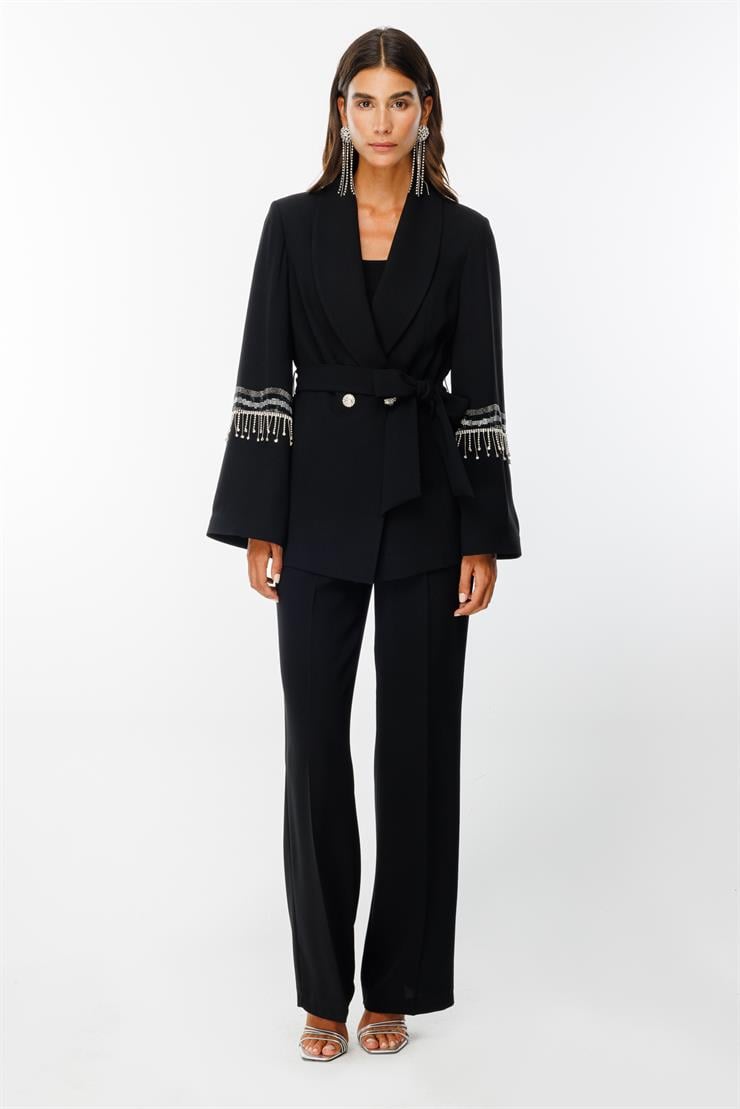 Modailgi  Geniş Kollu Şerit Taşlı Ceket Siyah