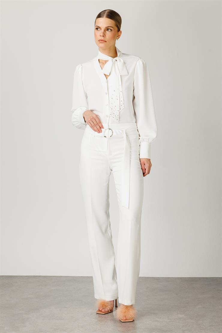 Modailgi  Geniş Paça Kemerli Pantolon Ekru