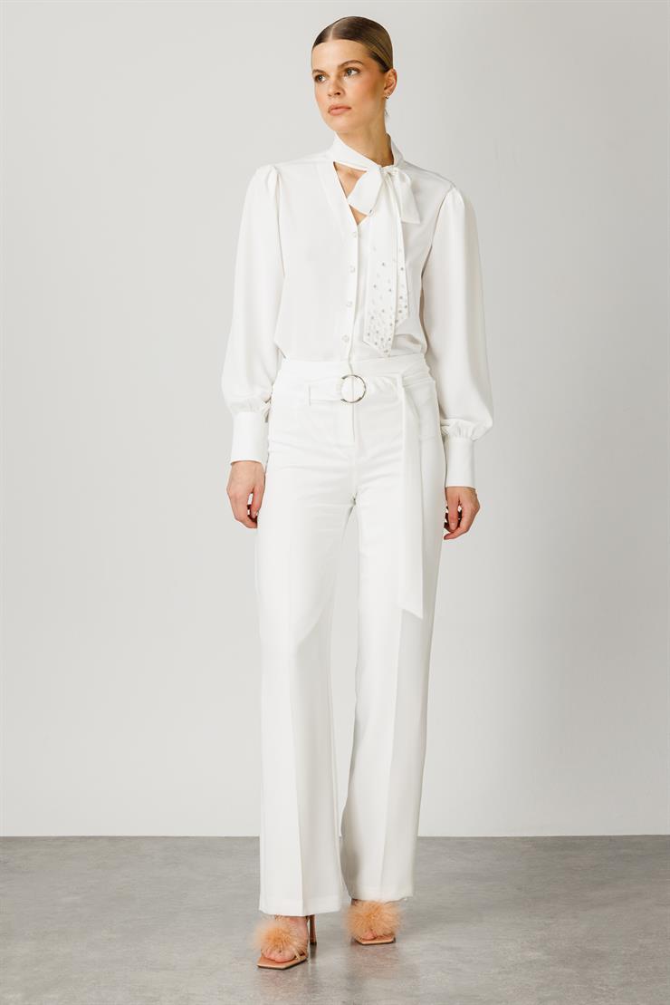 Modailgi  Geniş Paça Kemerli Pantolon Ekru