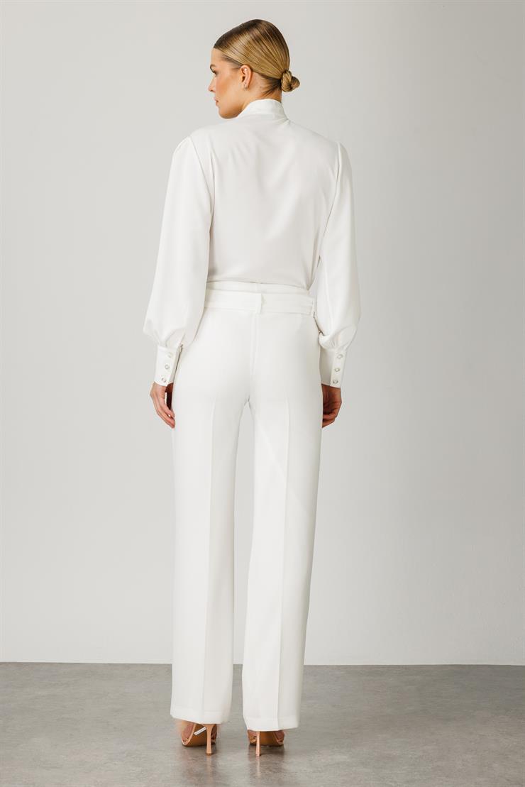 Modailgi  Geniş Paça Kemerli Pantolon Ekru