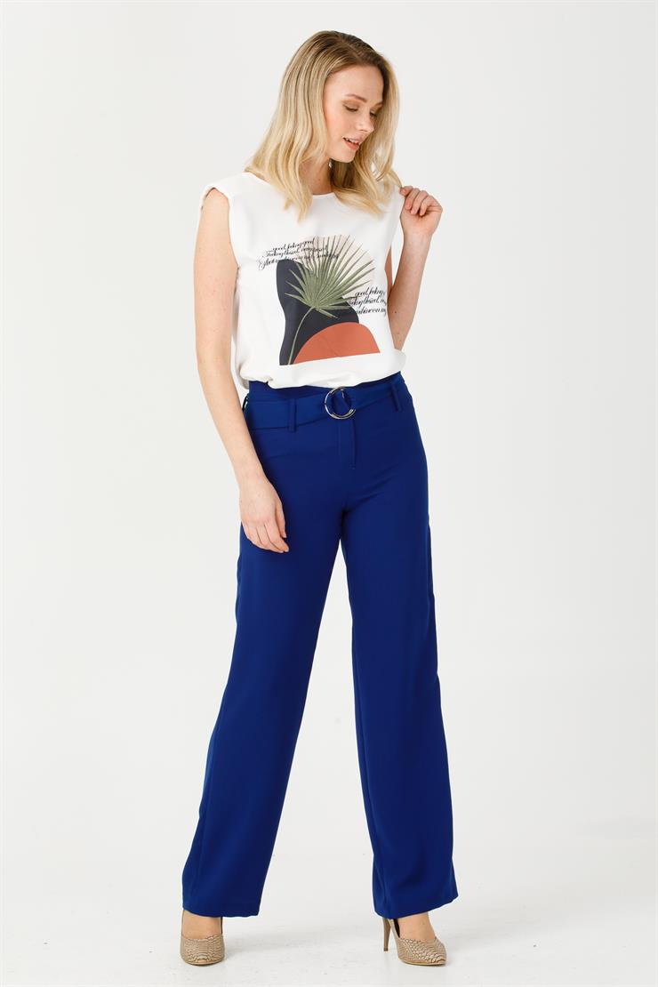 Modailgi  Geniş Paça Kemerli Pantolon Saks