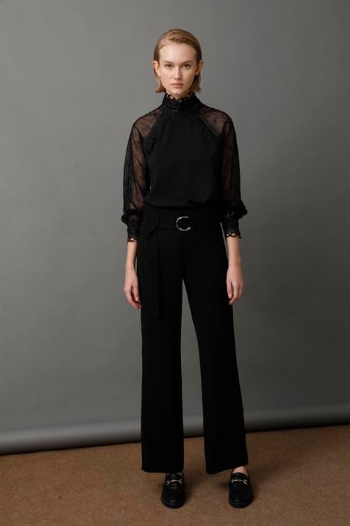 Modailgi  Geniş Paça Kemerli Pantolon Siyah