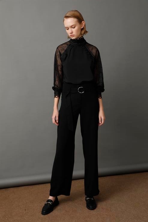 Modailgi  Geniş Paça Kemerli Pantolon Siyah