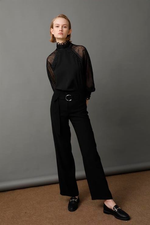 Modailgi  Geniş Paça Kemerli Pantolon Siyah