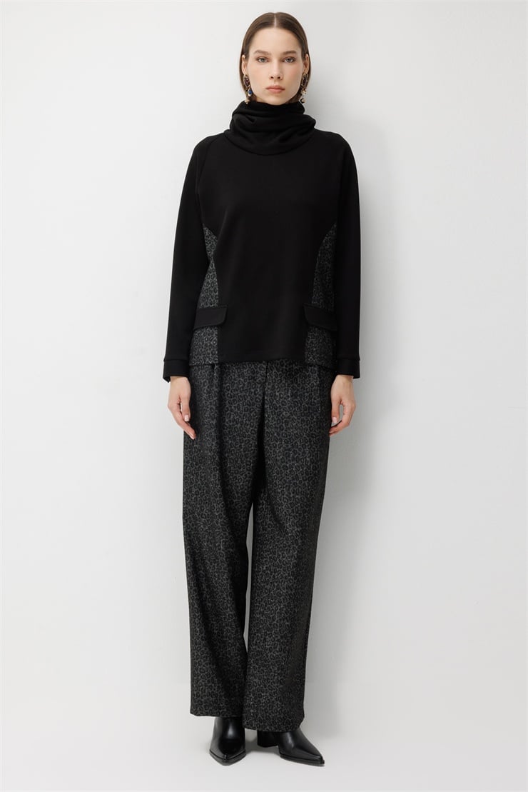 Modailgi  Geniş Şal Yaka Leopar Desen Garnili Tunik - 40164 Siyah