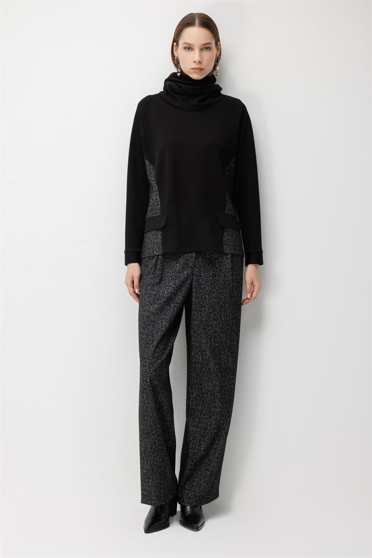 Modailgi  Geniş Şal Yaka Leopar Desen Garnili Tunik - 40164 Siyah