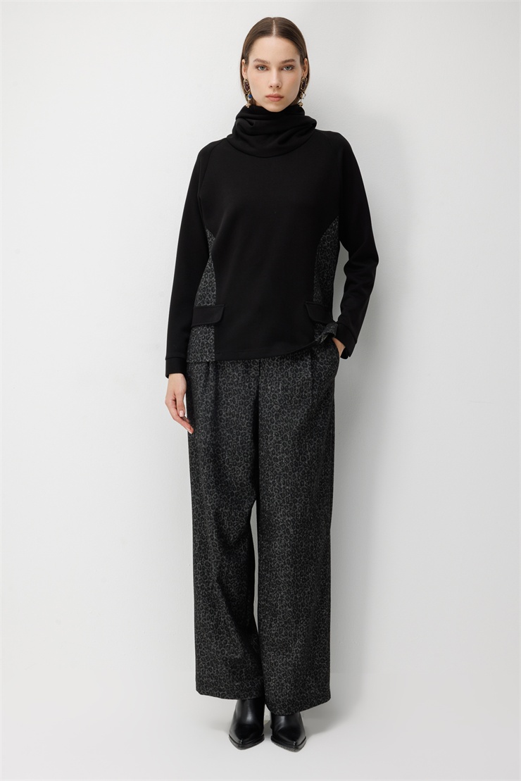 Modailgi  Geniş Şal Yaka Leopar Desen Garnili Tunik - 40164 Siyah