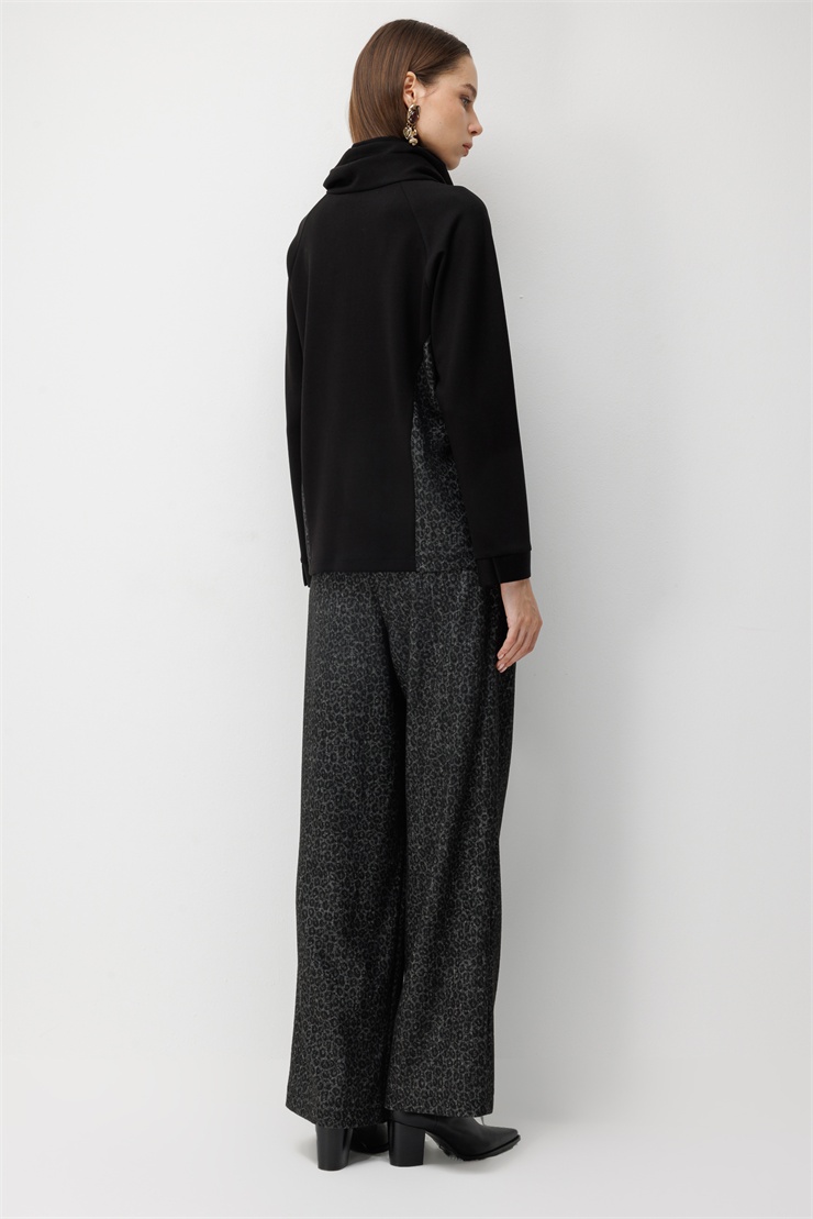 Modailgi  Geniş Şal Yaka Leopar Desen Garnili Tunik - 40164 Siyah