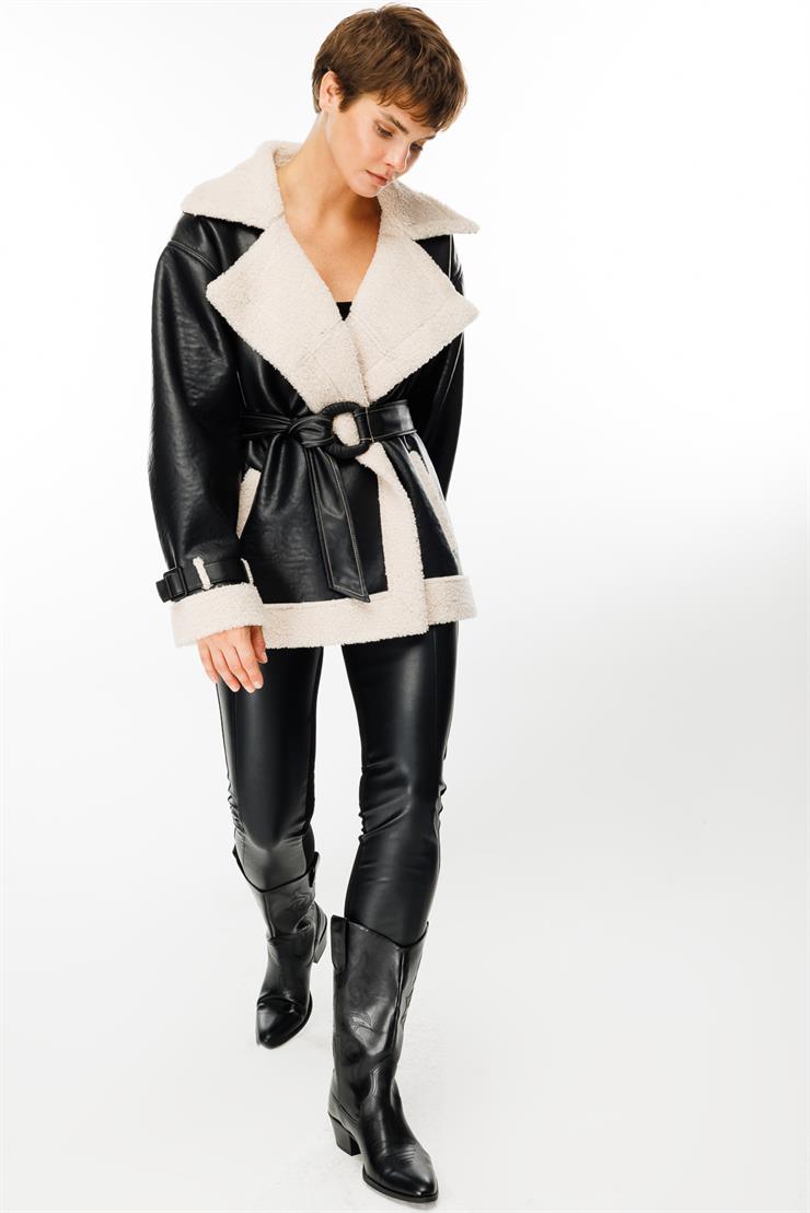 Modailgi  Geniş Yakalı İçi Peluşlu Kemerli Deri Mont Siyah