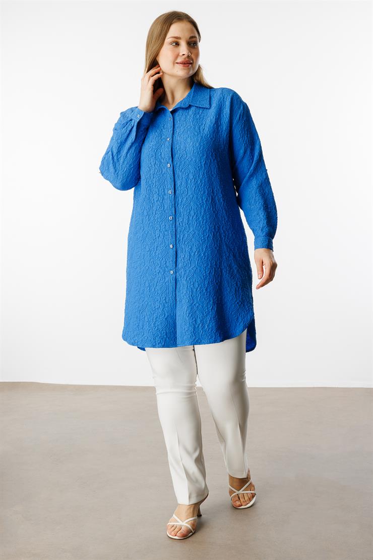 Modailgi  Gofre Kumaş Uzun Tunik Saks