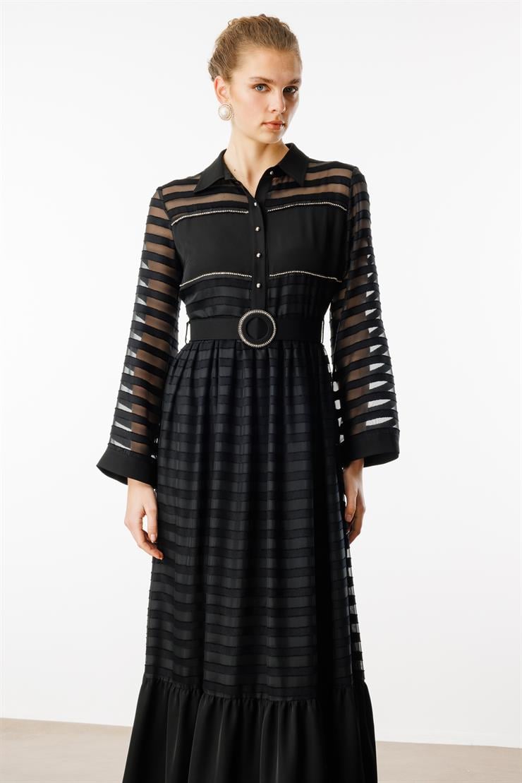 Modailgi  Gömlek Yakalı Kemerli Büzgülü Uzun Elbise Siyah