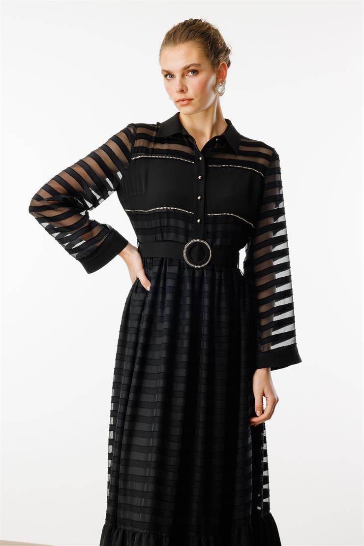 Modailgi  Gömlek Yakalı Kemerli Büzgülü Uzun Elbise Siyah