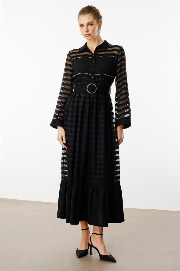 Modailgi  Gömlek Yakalı Kemerli Büzgülü Uzun Elbise Siyah