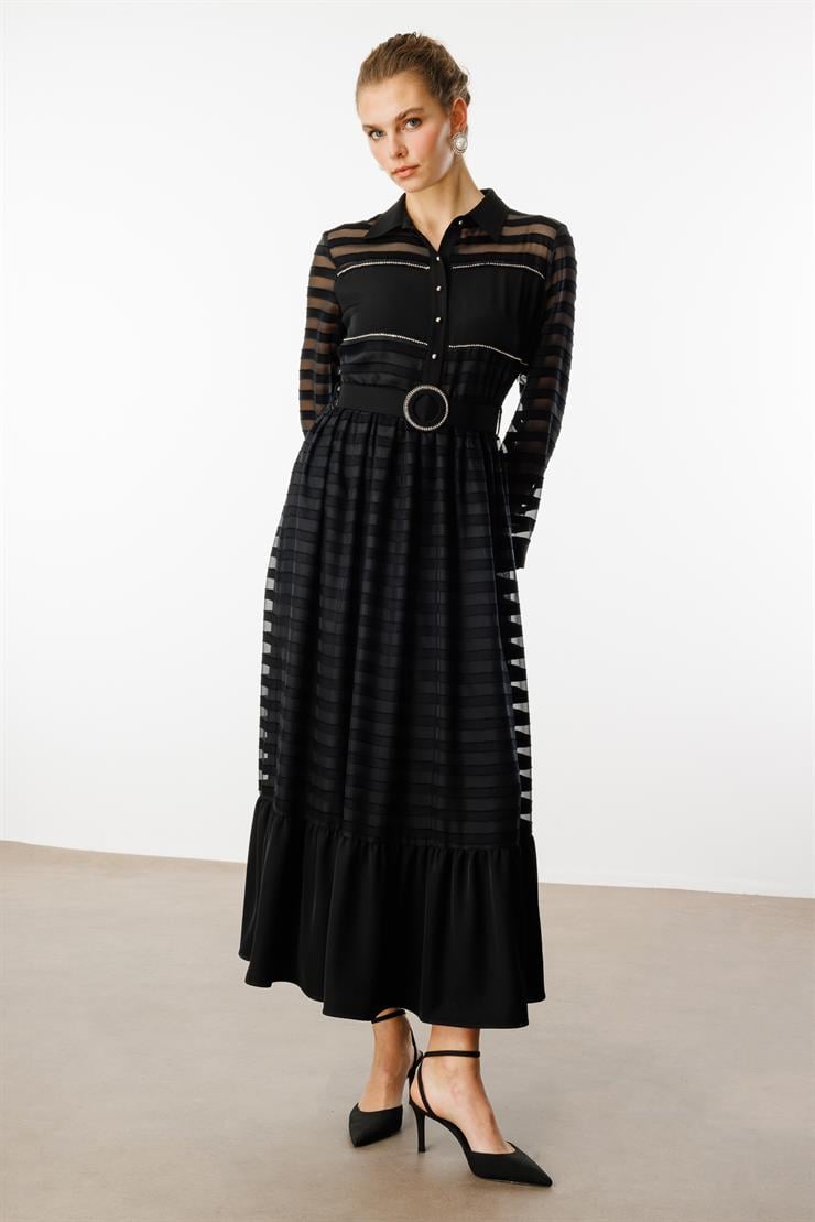 Modailgi  Gömlek Yakalı Kemerli Büzgülü Uzun Elbise Siyah