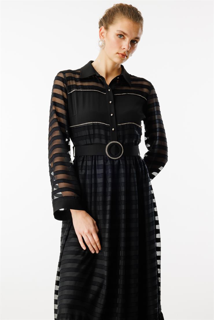 Modailgi  Gömlek Yakalı Kemerli Büzgülü Uzun Elbise Siyah