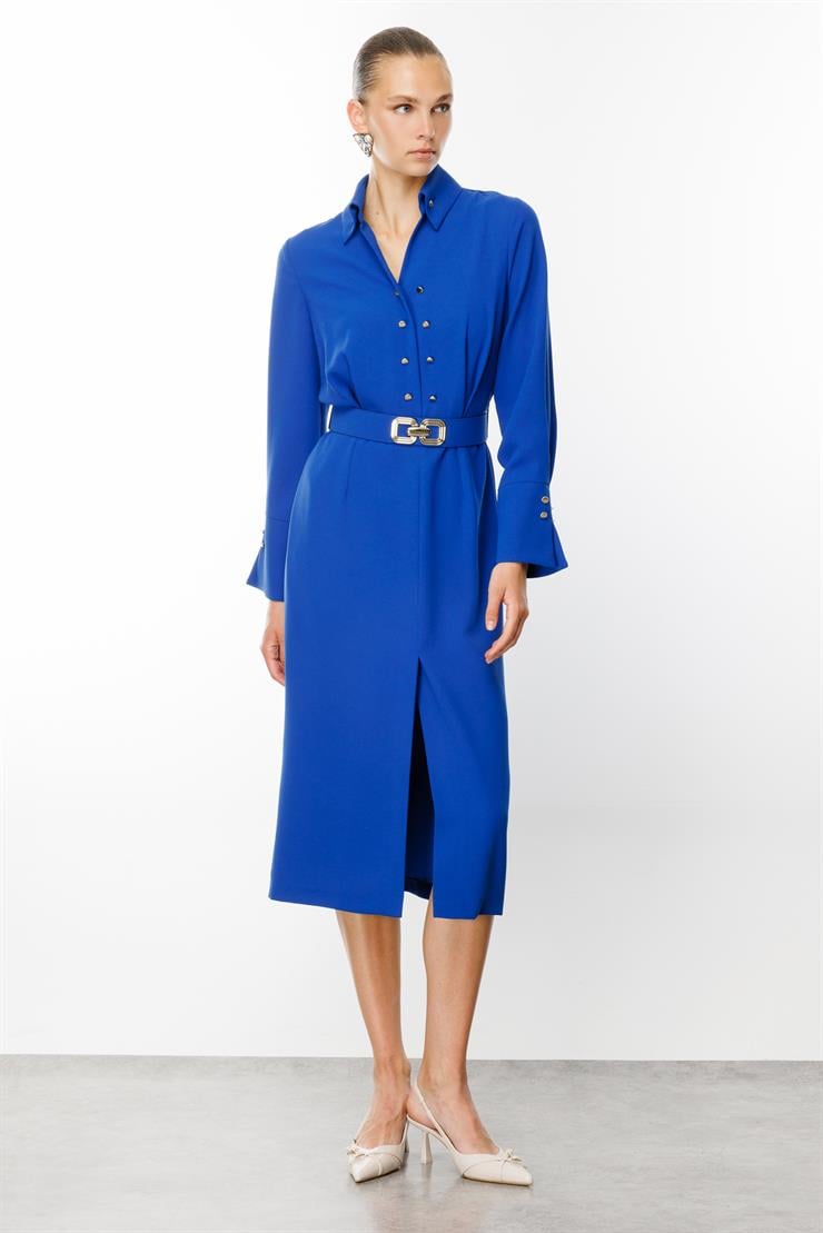 Modailgi  Gömlek Yakalı Önden Yırtmaçlı Midi Boy Elbise Saks