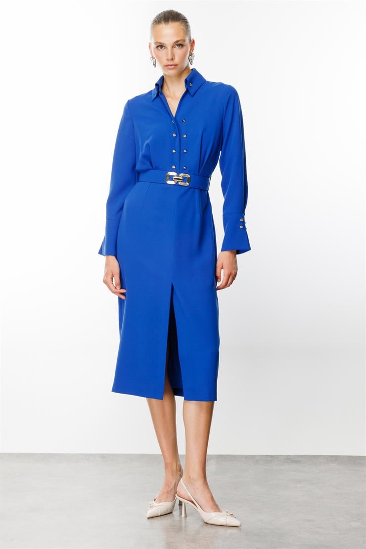 Modailgi  Gömlek Yakalı Önden Yırtmaçlı Midi Boy Elbise Saks