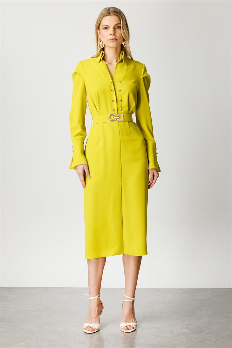 Modailgi  Gömlek Yakalı Önden Yırtmaçlı Midi Boy Elbise Asit