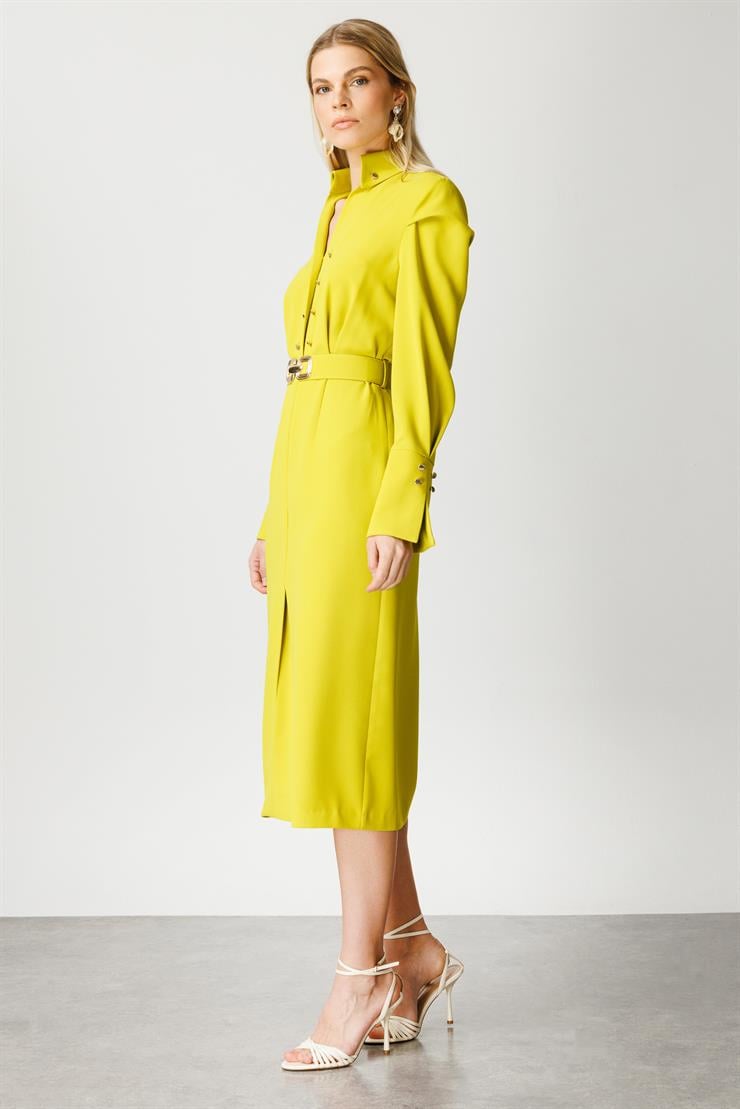 Modailgi  Gömlek Yakalı Önden Yırtmaçlı Midi Boy Elbise Asit