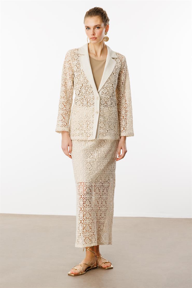 Modailgi  Güpür Dantelli Mono Yaka Düz Keten Mix Detaylı Belden Kuşaklı Tunik Orijinal