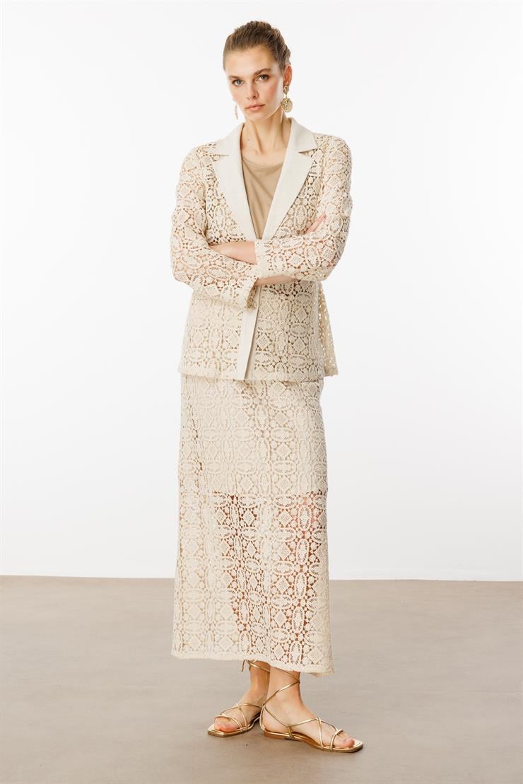 Modailgi  Güpür Dantelli Mono Yaka Düz Keten Mix Detaylı Belden Kuşaklı Tunik Orijinal