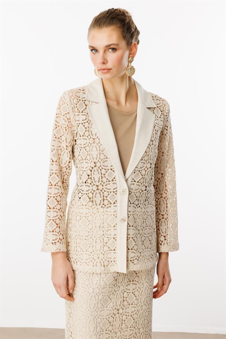 Modailgi  Güpür Dantelli Mono Yaka Düz Keten Mix Detaylı Belden Kuşaklı Tunik Orijinal