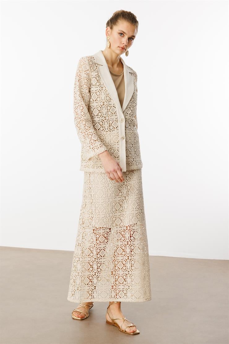 Modailgi  Güpür Dantelli Mono Yaka Düz Keten Mix Detaylı Belden Kuşaklı Tunik Orijinal