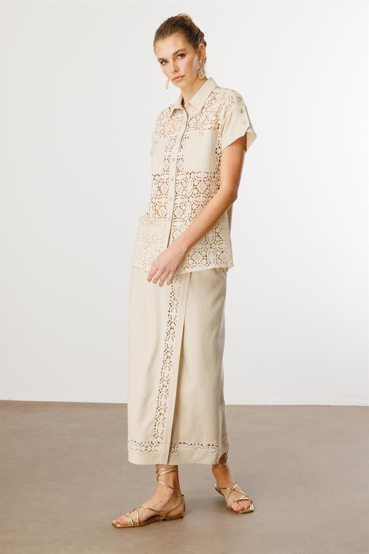 Modailgi  Güpür Kumaş Mix Detaylı Düşük Kollu Cepli Rahat Kesim Gömlek Orijinal