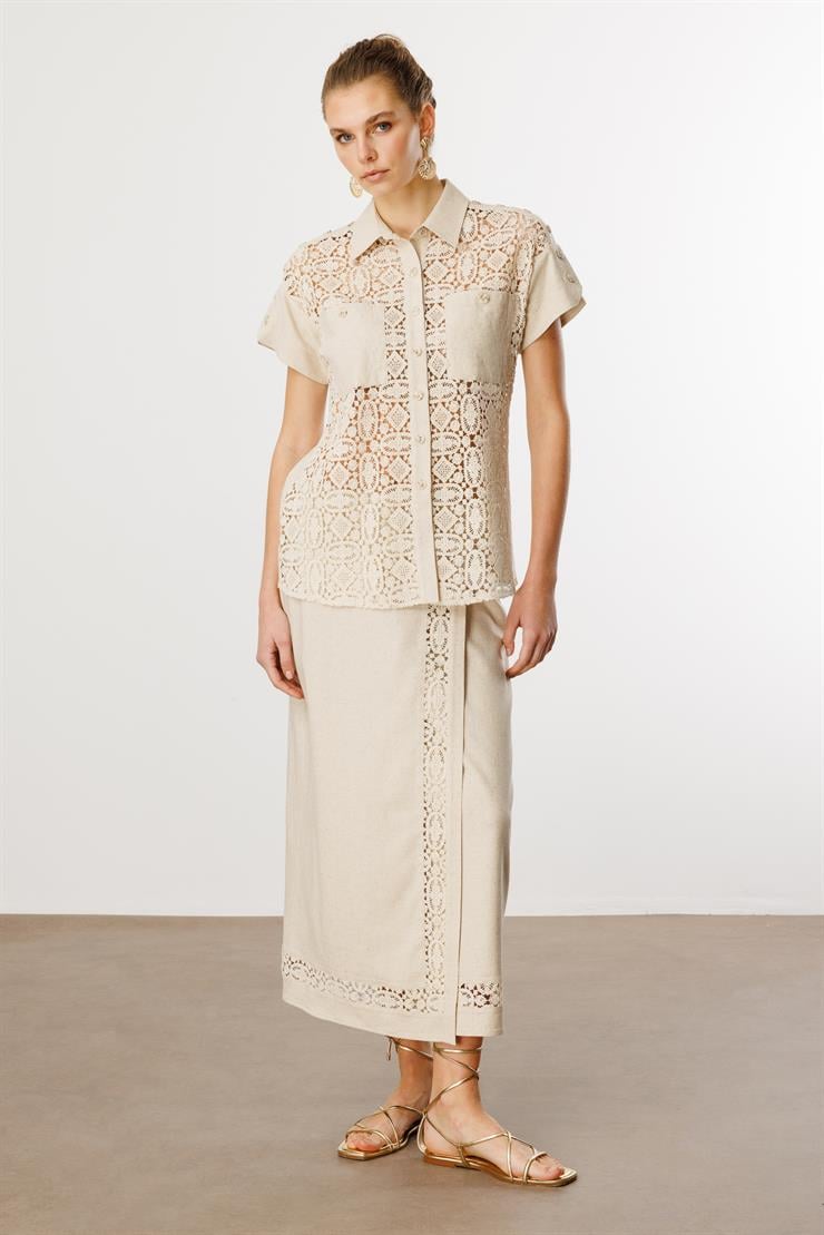 Modailgi  Güpür Kumaş Mix Detaylı Düşük Kollu Cepli Rahat Kesim Gömlek Orijinal