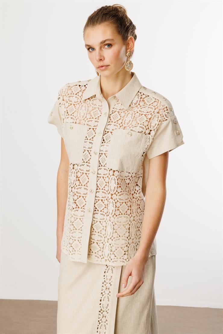 Modailgi  Güpür Kumaş Mix Detaylı Düşük Kollu Cepli Rahat Kesim Gömlek Orijinal