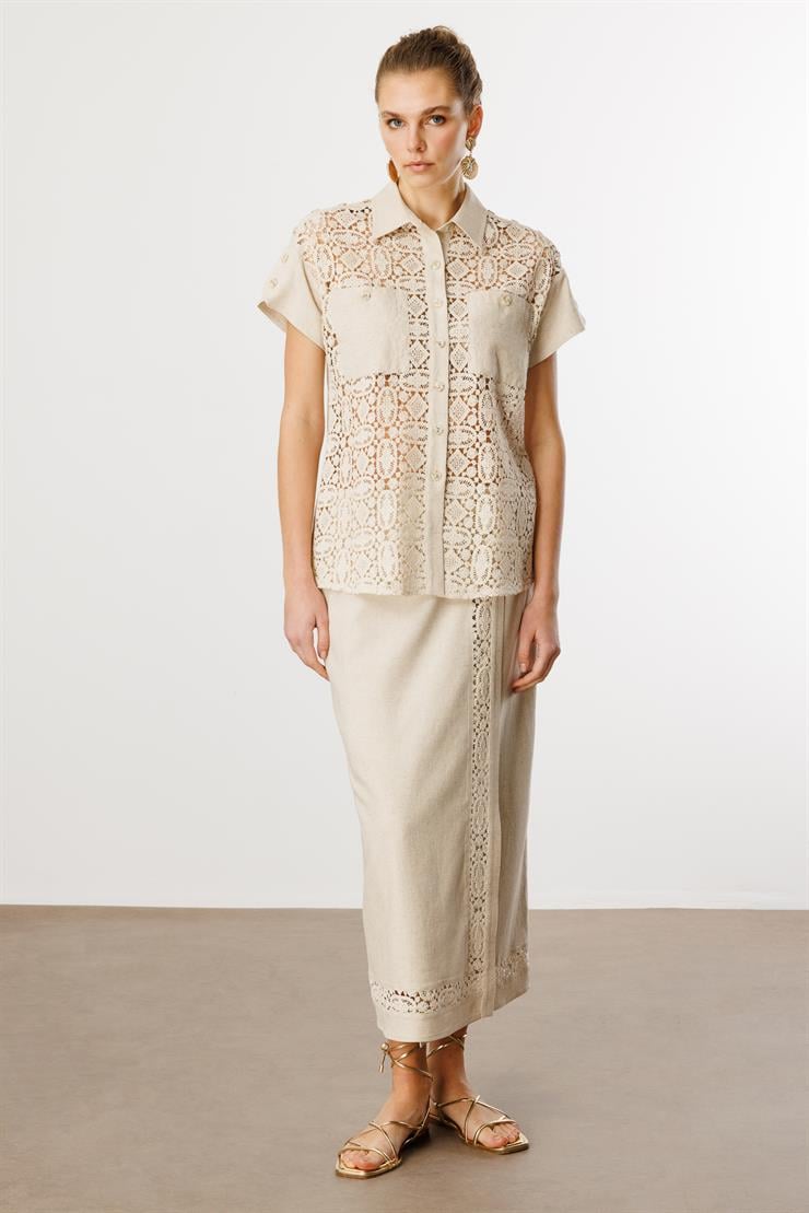 Modailgi  Güpür Kumaş Mix Detaylı Düşük Kollu Cepli Rahat Kesim Gömlek Orijinal