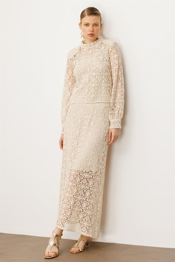 Modailgi  Hakim Yaka Arka Fermuar Kapamalı Güpür Dantelli Ceket Taş