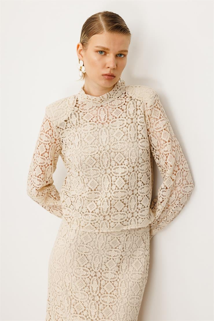 Modailgi  Hakim Yaka Arka Fermuar Kapamalı Güpür Dantelli Ceket Taş