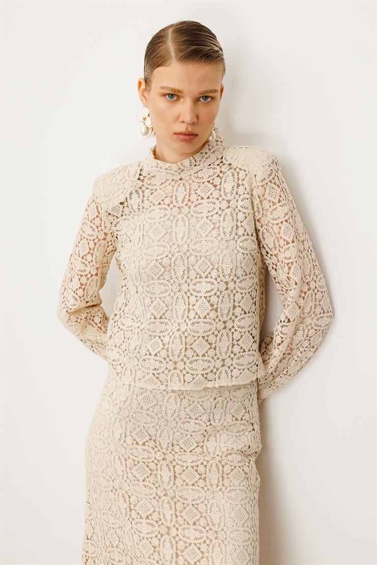 Modailgi  Hakim Yaka Arka Fermuar Kapamalı Güpür Dantelli Ceket Taş