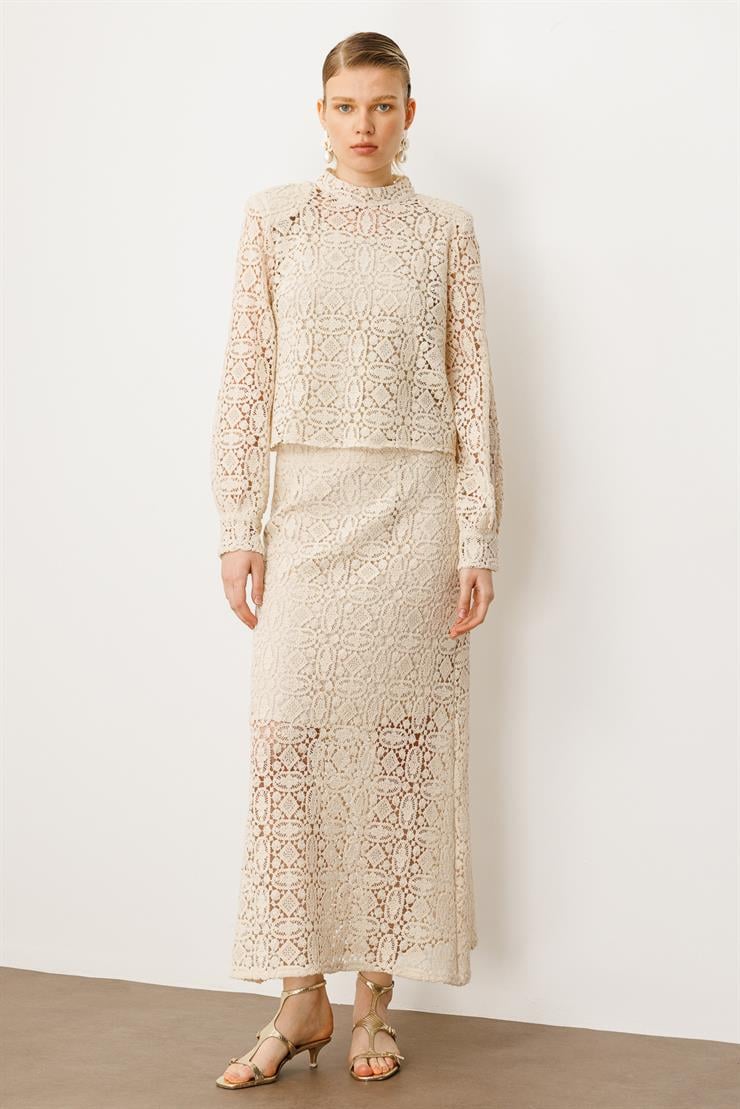 Modailgi  Hakim Yaka Arka Fermuar Kapamalı Güpür Dantelli Ceket Taş