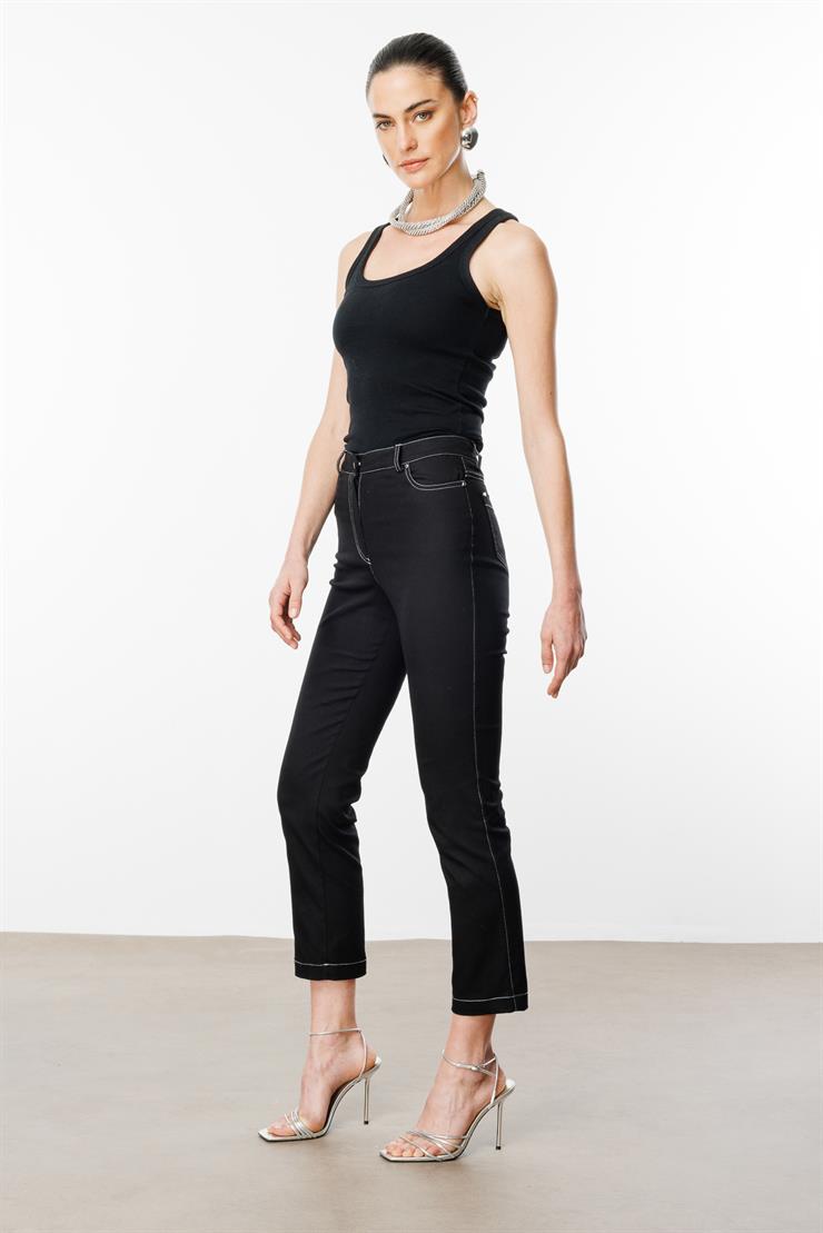 Modailgi  İç Kemeri Lastikli Spor Dikişli Bilek Boy Pantolon - 75202 Siyah