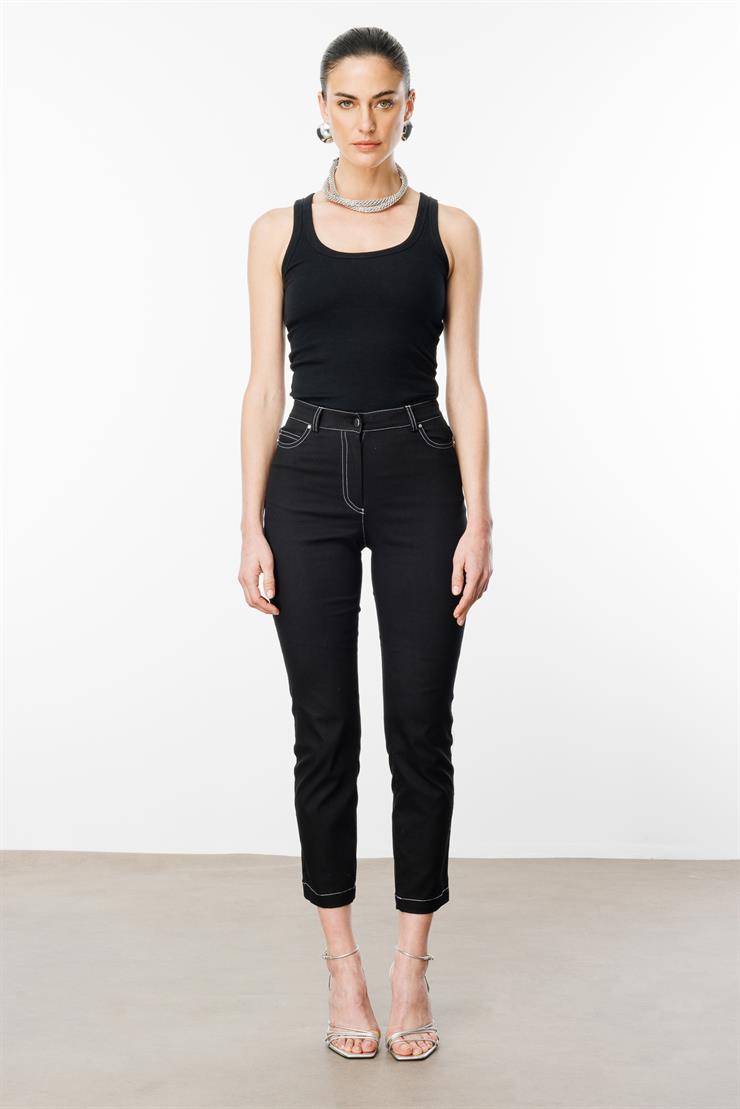 Modailgi  İç Kemeri Lastikli Spor Dikişli Bilek Boy Pantolon - 75202 Siyah