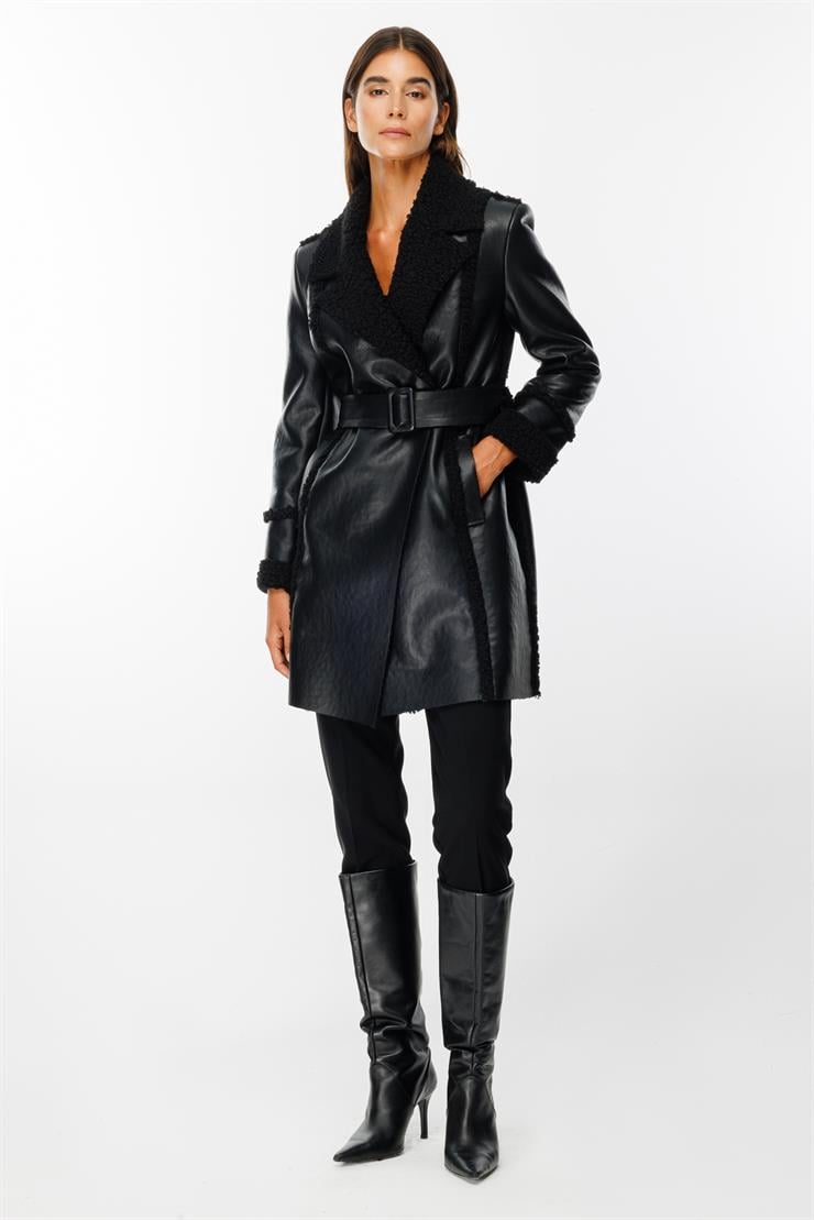 Modailgi  İçi Peluşlu Kemerli Deri Kaban Siyah