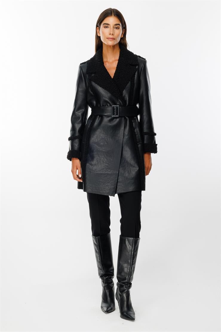 Modailgi  İçi Peluşlu Kemerli Deri Kaban Siyah