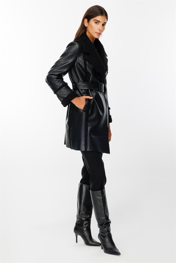 Modailgi  İçi Peluşlu Kemerli Deri Kaban Siyah