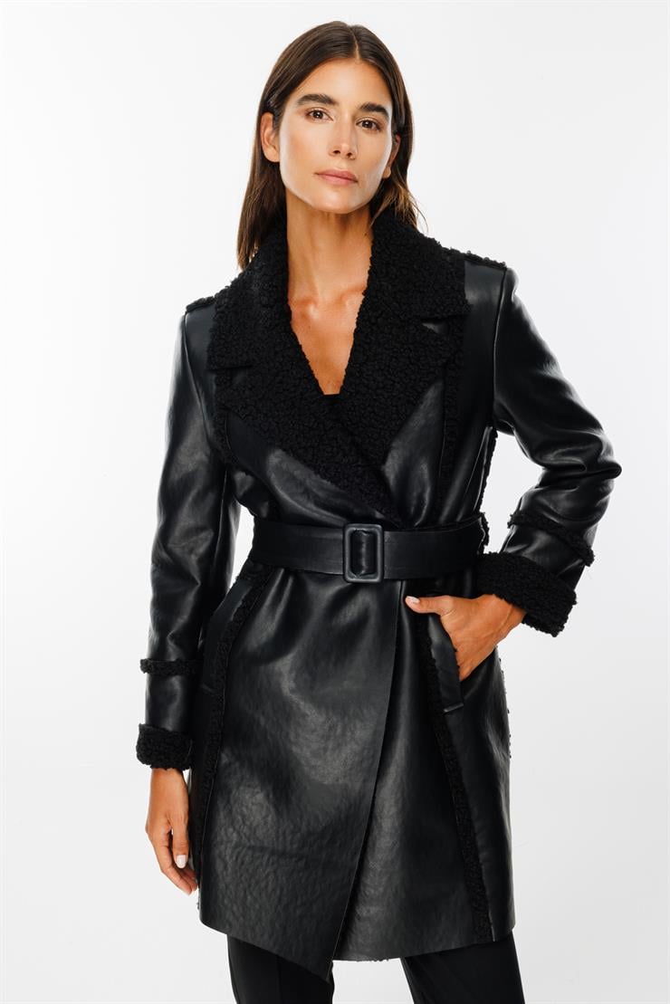 Modailgi  İçi Peluşlu Kemerli Deri Kaban Siyah