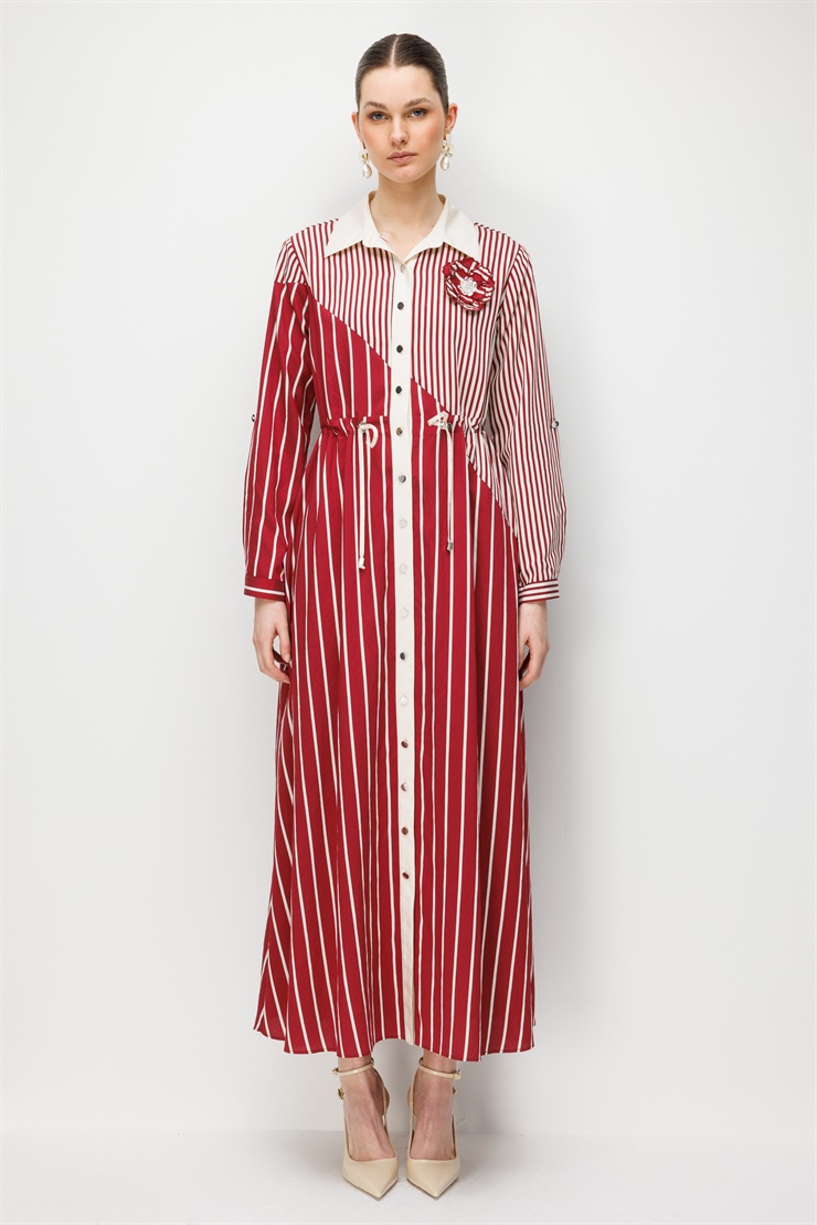 Modailgi  İnce ve Kalın Çizgi Kombinli Beli Büzgülü Uzun Elbise Bordo